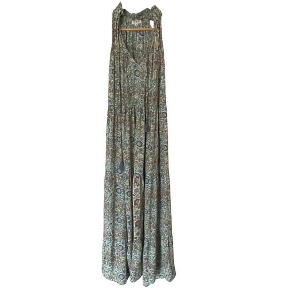 PAANI Halter Tiered Boho Maxi Dress Light Teal Floral Metallic Print, Size Small - Picture 1 of 11